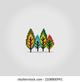 8 bit pixel of pine trees. Forest for game assets and cross stitch patterns in vector illustrations.