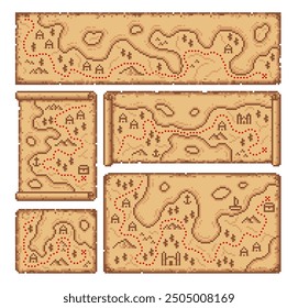 Mapa del tesoro pirata de 8 bits en papel manuscrito antiguo scroll, fondos de juegos de arcade de Vector. Mapas de arte de píxeles de 8 bits con isla pirata y camino al cofre del tesoro en el valle del desierto y el mar