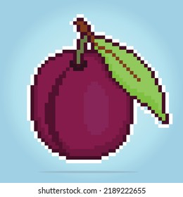 8 bit pixel plum. Pixel Fruits in Vector illustration for game assets or cross stitch pattern.