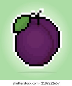 8 bit pixel plum. Pixel Fruits in Vector illustration for game assets or cross stitch pattern.