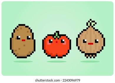 8 bit pixel potato, tomato and onion in kawaii style. vegetables adorable for game assets in vector illustration.