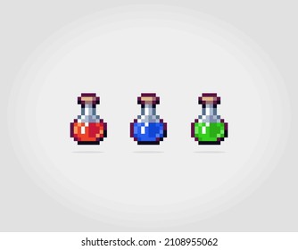 8 bit pixel potions. Medicine for game assets and cross stitch patterns in vector illustrations.