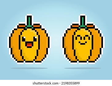 8 bit pixel of pumpkin character. Veggies for game assets and cross stitch patterns in vector illustrations.