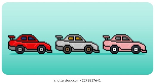 8 bit pixel racing car. Sedan type transport vehicles for game assets in vector illustration.