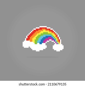 8 bit pixel rainbow with clouds, for game assets and cross stitch patterns in vector illustrations.