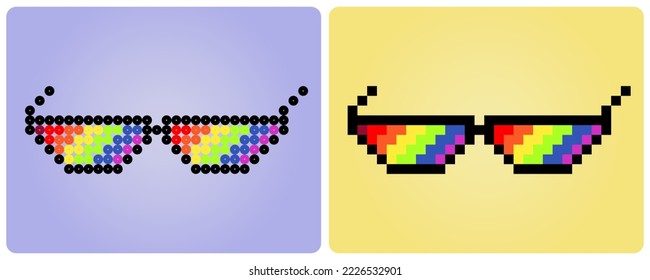 8 bit pixel rainbow glasses. accessories for game assets and cross stitch patterns in vector illustrations.