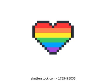 8 bit pixel rainbow heart. Vector Pride pixel heart Valentines Day retro card.