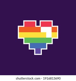 8 bit pixel rainbow heart. Vector Pride pixel heart Valentines Day retro card.