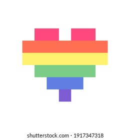 8 bit pixel rainbow heart. Vector Pride pixel heart Valentines Day retro card.