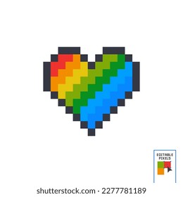 8 bit pixel rainbow heart. Vector Pride pixel heart Valentines Day retro card.