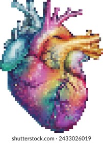 8 bit pixel rainbow heart human organ. Vector icon in retro game style isolated on white background