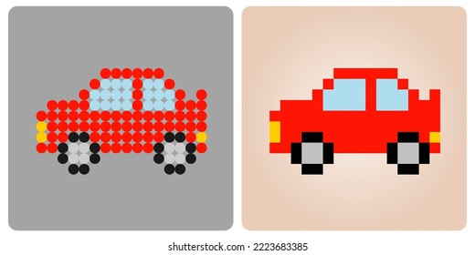 8 bit pixel red car. Vector illustration of a car, for cross stitch pattern and beads pattern