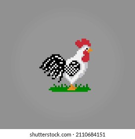 8 bit pixel rooster. Animal for game assets and cross stitch patterns in vector illustrations.