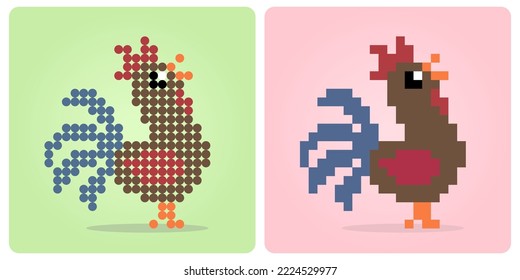 Gallo de píxeles de 8 bits. Pixel animal para los activos de juego del patrón de cuentas
