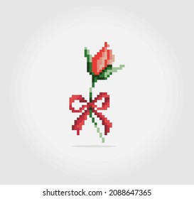 8 bit pixel roses with ribbons. Flower shoots for Cross Stitch patterns, in vector illustrations.