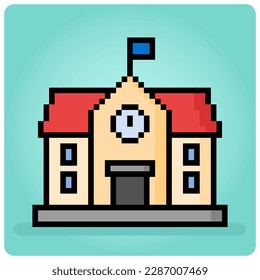 8 bit Pixel of school building icon in vector Illustration for game asset and web icons