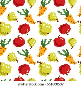 8 bit pixel seamless fruit pattern. cute children's pattern with a fruits of cubes, apple, pear and carrot. Perfect for fabric or paper.