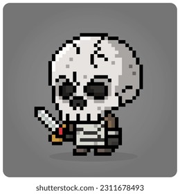 8 bit pixel skull face character, for game assets and cross-stitch pattern, in vector illustration