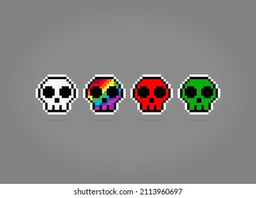 8 bit pixel skull, for game assets and cross stitch patterns, in vector illustrations