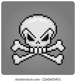 8 bit Pixel skull icon. Vector illustration for game assets.