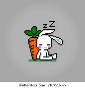 8 bit pixel sleeping rabbit . Animals for game assets and cross stitch patterns in vector illustrations.