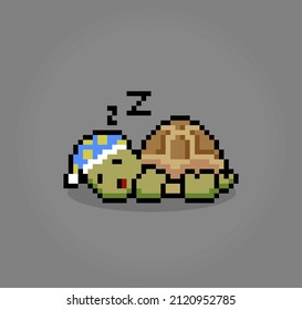 8 bit Pixel sleeping turtle. Animal pixels in Vector illustration for game asset or cross stitch pattern.