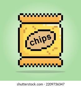 8 -bit pixel snacks. Packaging foods, chips potato for game assets in vector illustrations.