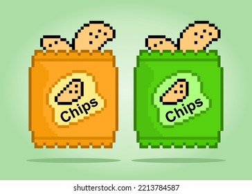 8 -bit pixel snacks. Packaging foods, chips potato for game assets in vector illustrations.