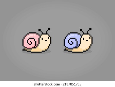 8 bit pixel of snail. Animal pixel for game assets and cross stitch patterns, in vector illustrations