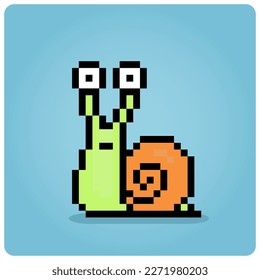 8 bit pixel of snail. Animal pixel for game assets and cross stitch patterns, in vector illustrations