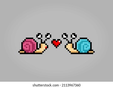 8 bit pixel of snail couple in love. Animal pixel for game assets and cross stitch patterns, in vector illustrations