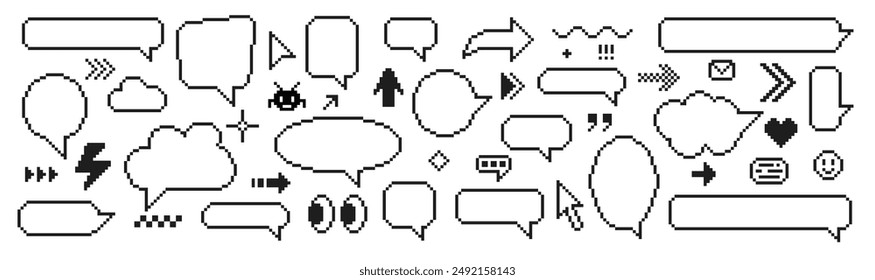 8 bit pixel speech bubbles and dialog boxes with arrows. Message icons for computer game. Vector illustration.