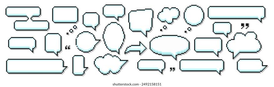 8 bit pixel speech bubbles and dialog boxes. Message icons for computer game. Vector illustration.