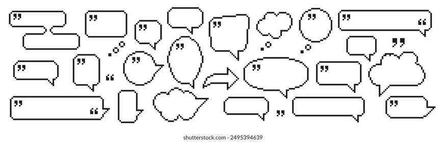 8 bit pixel speech bubbles and dialog boxes with quotation marks. Message icons for computer game. Vector illustration.