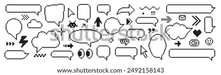 8 bit pixel speech bubbles and dialog boxes with arrows. Message icons for computer game. Vector illustration.