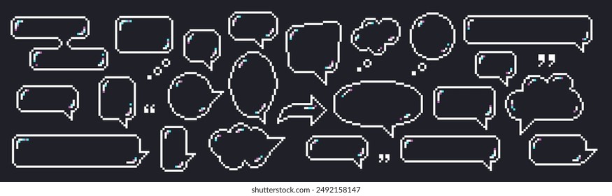 8 bit pixel speech soap bubbles and dialog boxes. Message icons for computer game. Vector illustration.