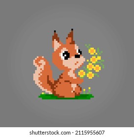 8 bit pixel of squirrel holding flower. Animal pixel for game assets and Cross Stitch patterns in vector illustrations.