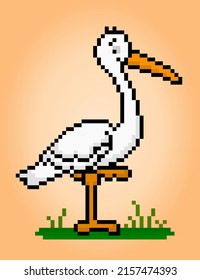 píxel de 8 bits de una cigüeña. Arte de píxeles animales para activos de juego y patrones de puntos cruzados en ilustraciones vectoriales.