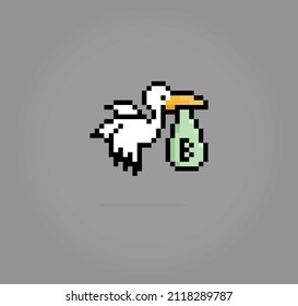 8 bit pixel of a stork carries baby with bags , Animal pixel for game assets and cross stitch patterns in vector illustrations.