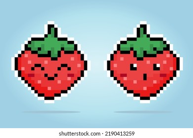 8 bit pixel strawberry characters. Pixel fruit for game assets and cross stitches patterns in vector illustrations.