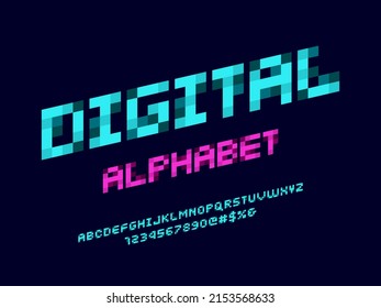 8 bit pixel style alphabet design with uppercase, numbers and symbol