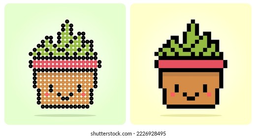 8 bit pixel succulent tree. natural object for game assets and beads pattern in vector illustration.
