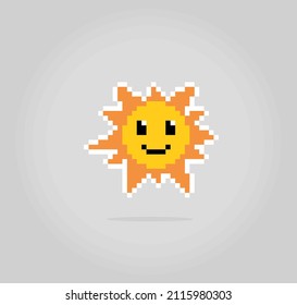 8 bit pixel of sun with face, for game assets and cross stitch patterns in vector illustrations.