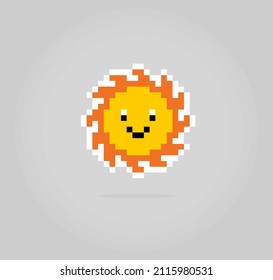 8 Bit Pixel Of Sun With Face, For Game Assets And Cross Stitch Patterns In Vector Illustrations.