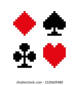 8 bit pixel symbols playing cards in the casino. vector illustration