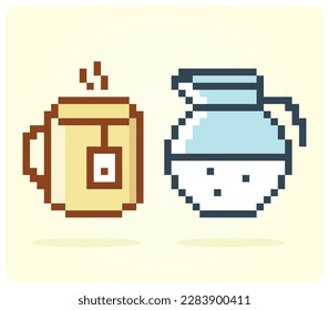 8 bit pixel tea and tea pot. Drink for games asset and  Cross Stitch pattern in vector illustrations.
