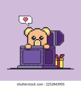 8 bit pixel teddy bear peeking inside of treasure chest with gift box, and love icon. Valentine's day illustration