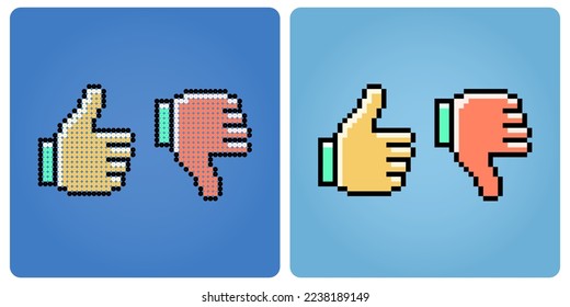 8 bit pixel thumb up. Hand pixel for game assets and beads pattern in vector illustrations.