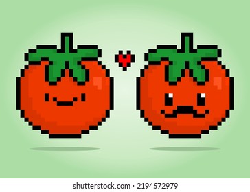 8 bit pixel Tomato Character. Vegetables in Vector Illustration for Game Assets and Cross Stitch Patterns.