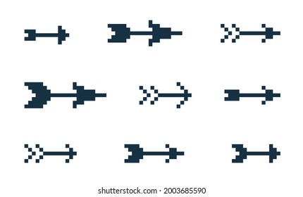 8 Bit pixel tribal arrows vector set of icons, collection of arrow from bow direction cursors in old PC or gaming console style, single color symbols for logos.